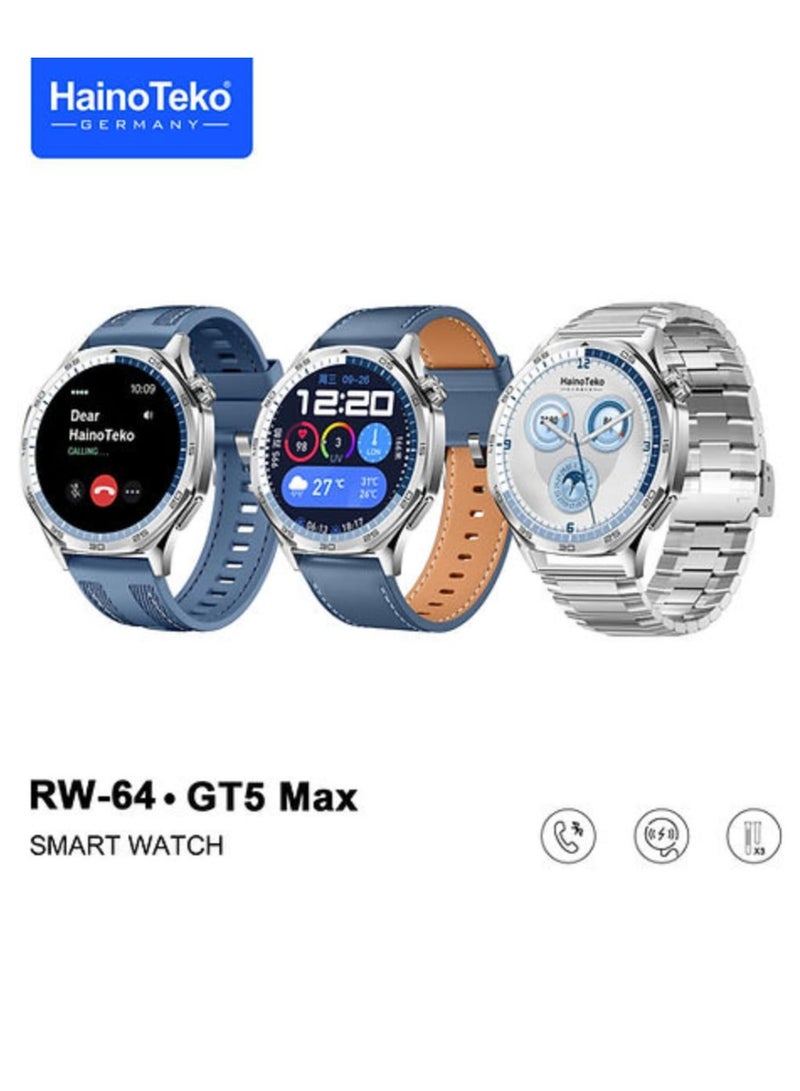 Haino Teko Smart Watch GT5 Max Round Screen AMOLED Display with 3 Pair Straps and Wireless Charger Multicolour - Image 1