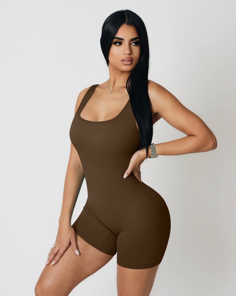 YIOIOIO Women Yoga Romper Workout Ribbed Square Neck One Piece Seamless Tank Top Jumpsuit - Image 4