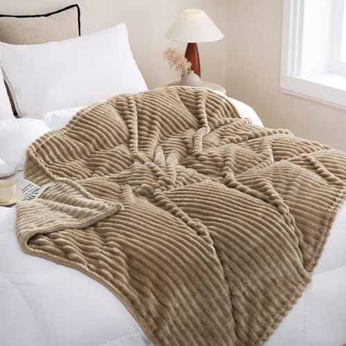 Linecooo Tan Fleece Throw Blanket 5060 for Couch Sofa BedSuper Soft Cozy Plush Blanket with Stripes Design Lightweight for AdultsWomanGirls - Image 3