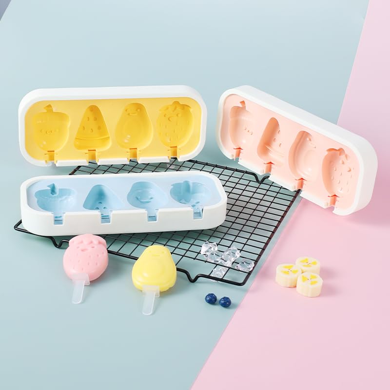 TLISMI Cute Strawberry Theme Non-Stick Silicone Ice Cream Molds with 6 Reusable Sticks, BPA Free, Easy Release, DIY Cartoon Shapes Kulfi, Popsicle moulds Icecream Pop Maker for Kids &Adults Multicolor - Image 4