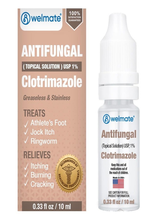 WELMATE Clotrimazole 1% Antifungal Topical Solution, 0.33 fl oz (10mL) – Athlete’s Foot, Jock Itch & Ringworm Treatment, Greaseless, Non-Staining, Fast Relief for Itchy, Cracked, Dry Skin - Image 1