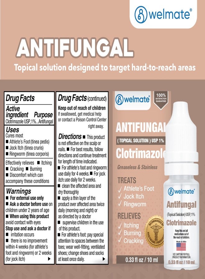 WELMATE Clotrimazole 1% Antifungal Topical Solution, 0.33 fl oz (10mL) – Athlete’s Foot, Jock Itch & Ringworm Treatment, Greaseless, Non-Staining, Fast Relief for Itchy, Cracked, Dry Skin - Image 5