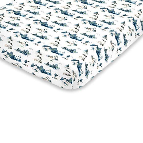NoJo Super Soft Blue, Green, Tan & White Mountain Watercolor Fitted Mini Crib Sheet, Blue, Green, Tan, White - Image 1