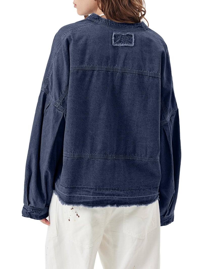PLNOTME Womens Denim Tops Pullover Trendy Casual V Neck Loose Fit Puff Sleeve Jean Cotton Shirts - Image 3