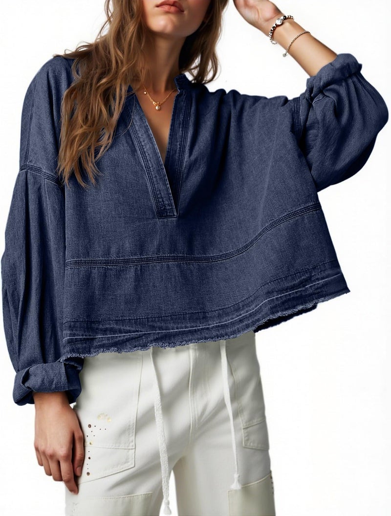 PLNOTME Womens Denim Tops Pullover Trendy Casual V Neck Loose Fit Puff Sleeve Jean Cotton Shirts - Image 1