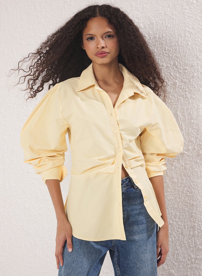 trendyol Light Yellow Balloon Sleeve Detailed Waist-Sit Asymmetric Fitted Shirt - Image 2
