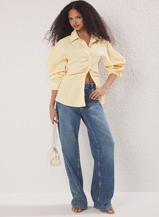 trendyol Light Yellow Balloon Sleeve Detailed Waist-Sit Asymmetric Fitted Shirt - Image 3