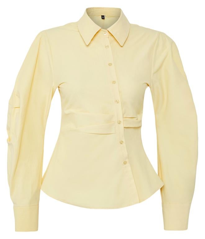 trendyol Light Yellow Balloon Sleeve Detailed Waist-Sit Asymmetric Fitted Shirt - Image 1
