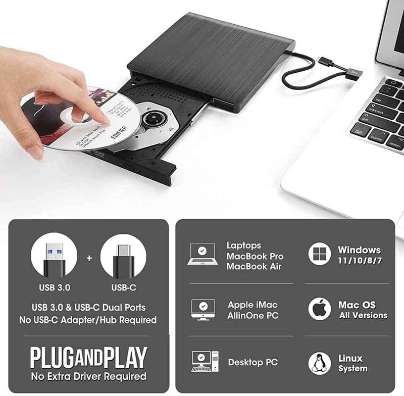 VOOCME High Speed USB and Type C 3.0 Slim Portable External CD/DVD-RW Drive/Writer/Burner/Rewriter/Player Compatible with Laptop,PC,MacBook Pro (Black) - Image 2