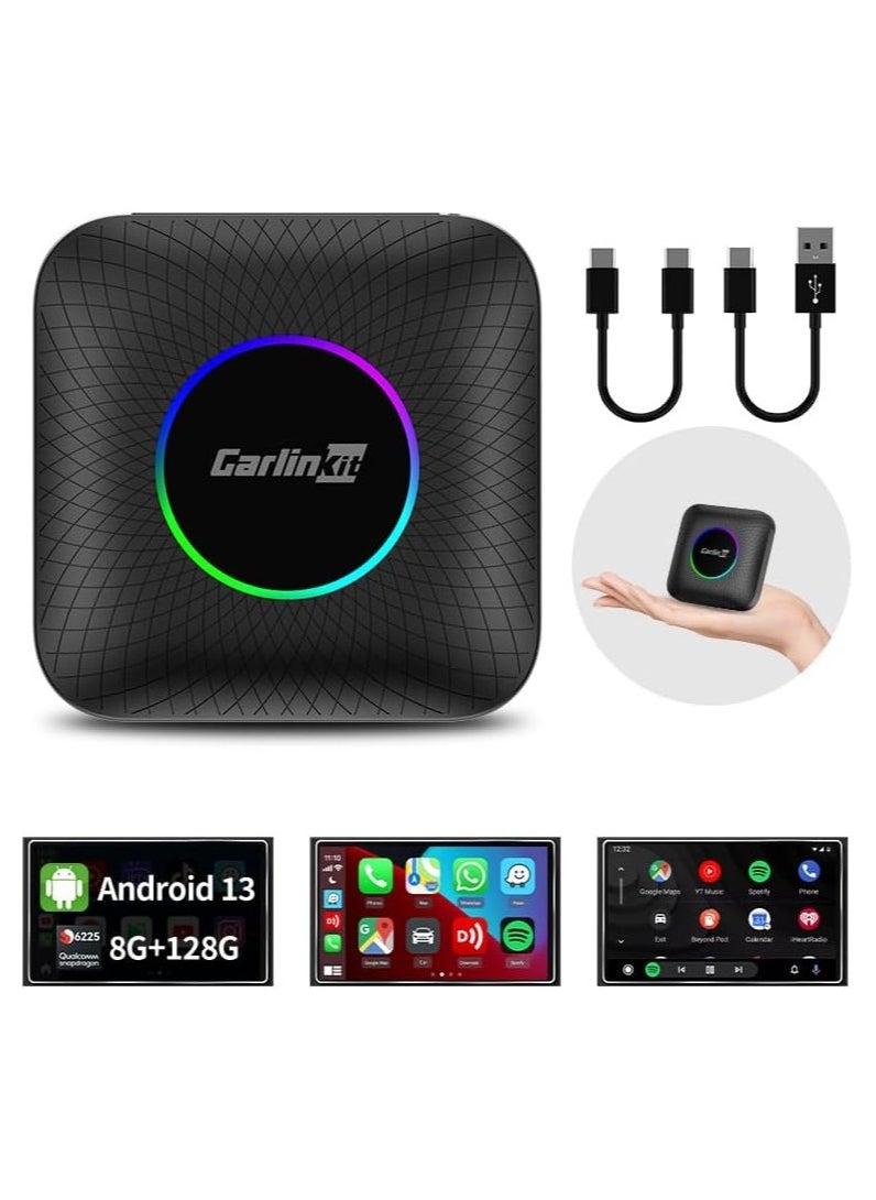 Carlinkit - Carlinkit Newest Android 13.0 Ai Box LED, 8+128GB with Qualcomm 8-cores, 3-in-1 Wireless CarPlay/Android Auto Comes with Play Store, Streaming Video, Only for The Vehicle with Wired CarPlay - Image 1
