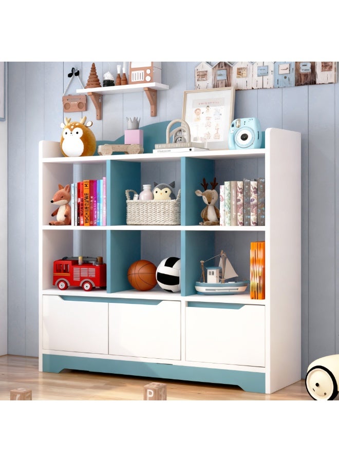 Kids Bookshelf and Toy Storage, Multi-Compartment Open Bookcase with Drawers for Toys & Books, Wooden Kids Storage Organizer for Living Room, Bedroom, Playroom, Nursery, White with Blue, 100x23.5x118cm - Image 4