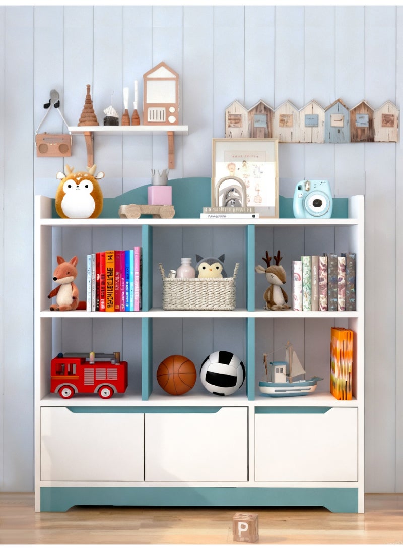 Kids Bookshelf and Toy Storage, Multi-Compartment Open Bookcase with Drawers for Toys & Books, Wooden Kids Storage Organizer for Living Room, Bedroom, Playroom, Nursery, White with Blue, 100x23.5x118cm - Image 1