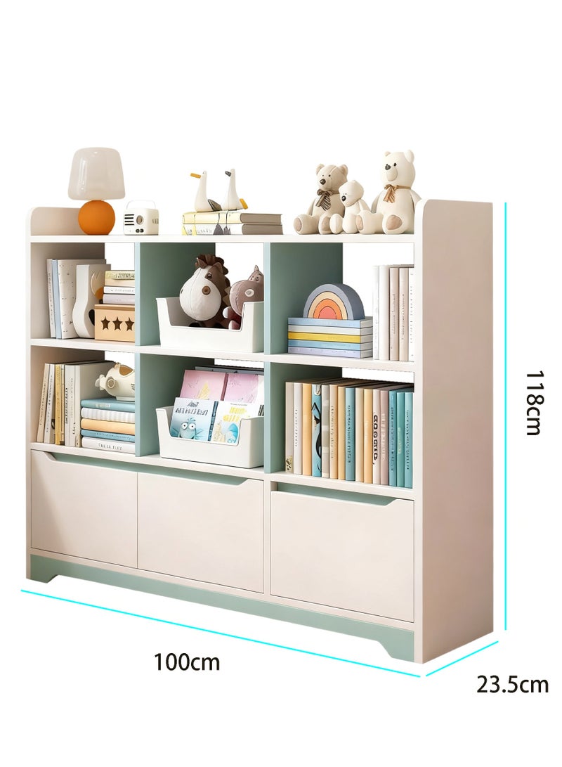 Kids Bookshelf and Toy Storage, Multi-Compartment Open Bookcase with Drawers for Toys & Books, Wooden Kids Storage Organizer for Living Room, Bedroom, Playroom, Nursery, White with Blue, 100x23.5x118cm - Image 2