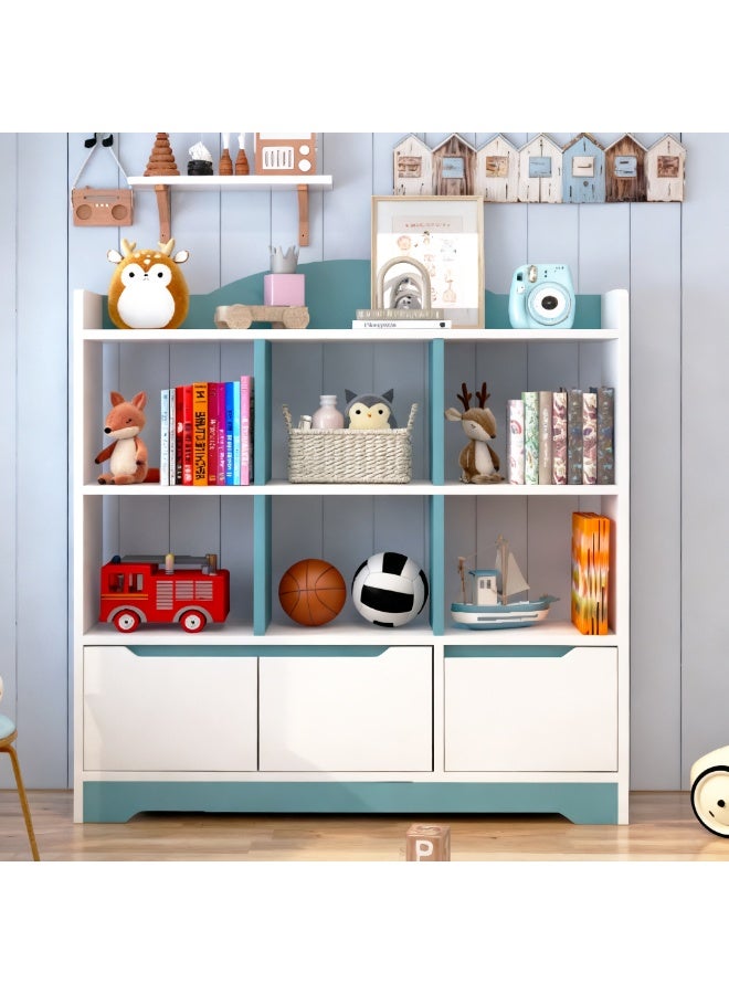 Kids Bookshelf and Toy Storage, Multi-Compartment Open Bookcase with Drawers for Toys & Books, Wooden Kids Storage Organizer for Living Room, Bedroom, Playroom, Nursery, White with Blue, 100x23.5x118cm - Image 3