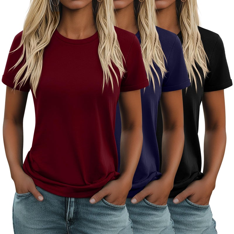 Huukeay 3 Pack Women's Cotton T Shirts Casual Short Sleeve Tunic Tops Crewneck Summer Plain Basic Loose Fit Tee(Black, Navy Blue, Wine Red,Medium) - Image 1