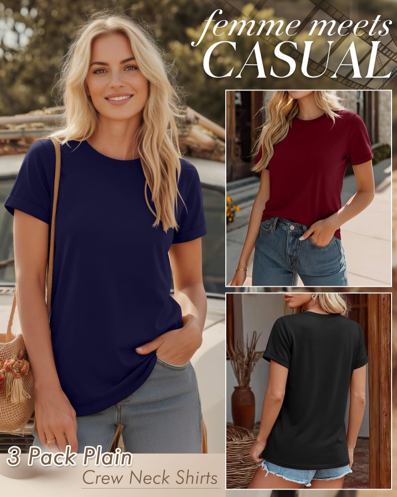 Huukeay 3 Pack Women's Cotton T Shirts Casual Short Sleeve Tunic Tops Crewneck Summer Plain Basic Loose Fit Tee(Black, Navy Blue, Wine Red,Medium) - Image 4