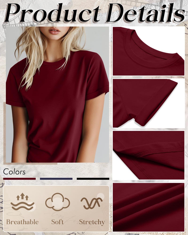 Huukeay 3 Pack Women's Cotton T Shirts Casual Short Sleeve Tunic Tops Crewneck Summer Plain Basic Loose Fit Tee(Black, Navy Blue, Wine Red,Medium) - Image 5