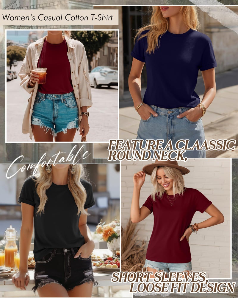 Huukeay 3 Pack Women's Cotton T Shirts Casual Short Sleeve Tunic Tops Crewneck Summer Plain Basic Loose Fit Tee(Black, Navy Blue, Wine Red,Medium) - Image 3