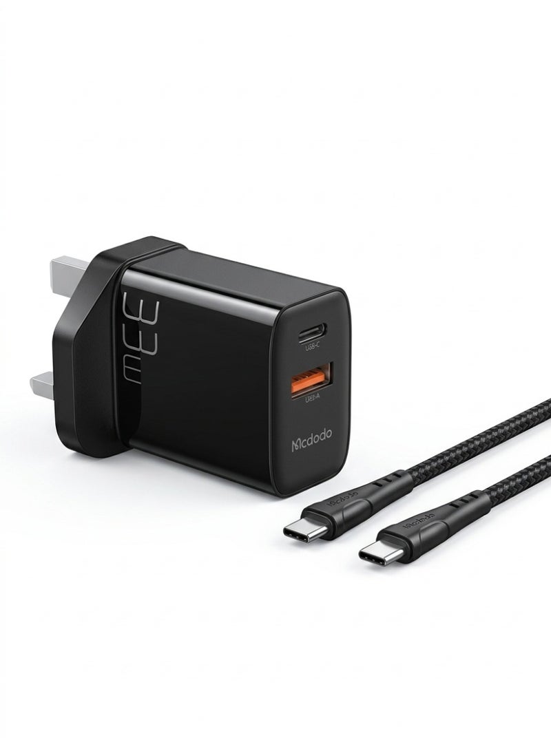 مكدودو شاحن جداري سريع من مكدودو (Mcdodo) بقوة 33 واط، بمنفذين USB-C PD و USB-A، يدعم الشحن السريع لهواتف آيفون، سامسونج، وهواوي مع كابل شحن - لون أسود - Image 1