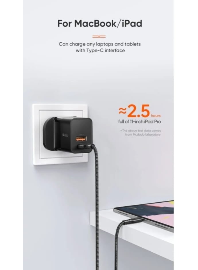 مكدودو شاحن جداري سريع من مكدودو (Mcdodo) بقوة 33 واط، بمنفذين USB-C PD و USB-A، يدعم الشحن السريع لهواتف آيفون، سامسونج، وهواوي مع كابل شحن - لون أسود - Image 2