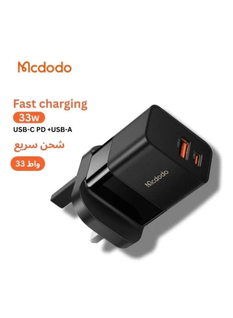 مكدودو شاحن جداري سريع من مكدودو (Mcdodo) بقوة 33 واط، بمنفذين USB-C PD و USB-A، يدعم الشحن السريع لهواتف آيفون، سامسونج، وهواوي مع كابل شحن - لون أسود - Image 4