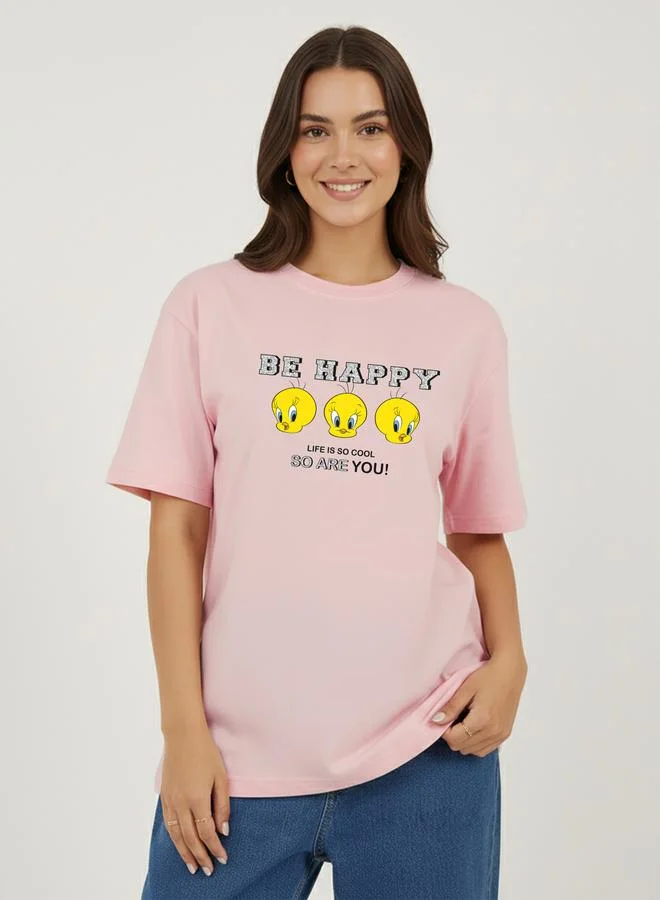 لوني تونز تيشيرت عصري بياقة مستديرة وطبعة جرافيك