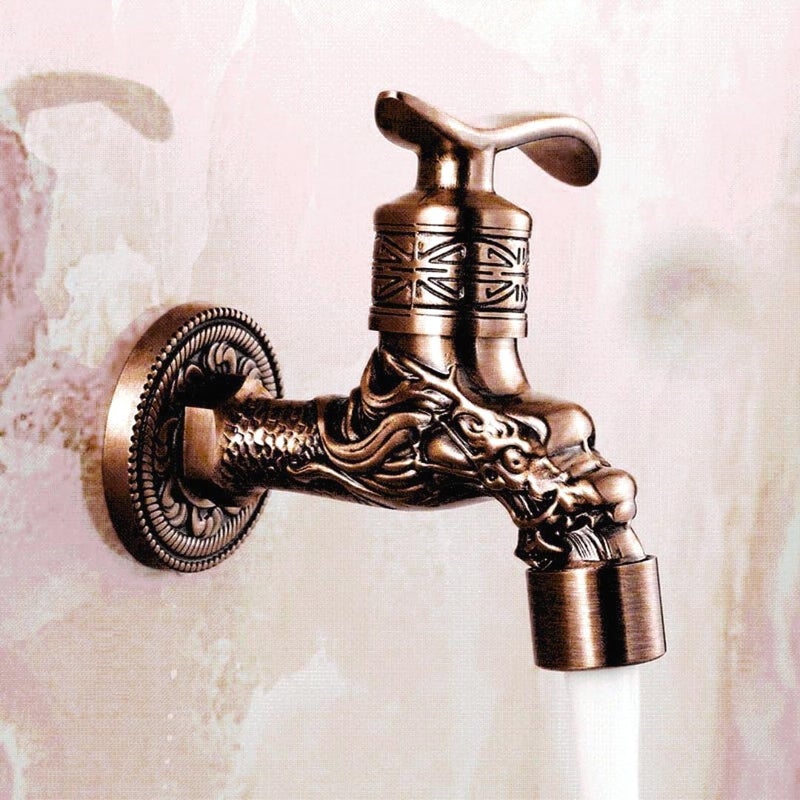 24x7 eMall Bib Cock Antique Design 4 inch wash Basin Faucet Bathroom Single Cold tap Carved Pattern Vintage Finish Wall Mount with Flange Garden Kitchen Outdoor - Image 1