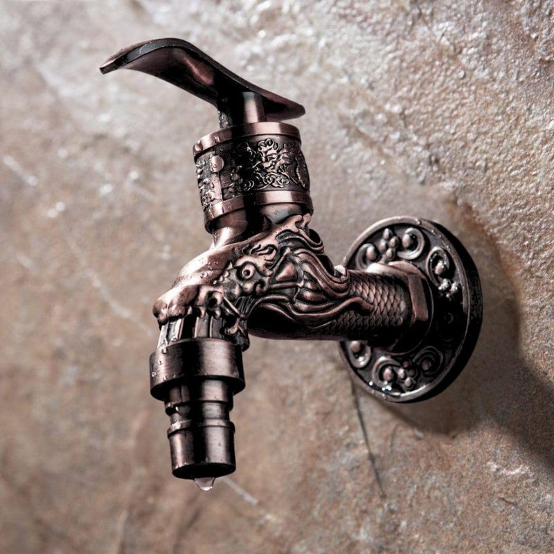 24x7 eMall Bib Cock Antique Design 4 inch wash Basin Faucet Bathroom Single Cold tap Carved Pattern Vintage Finish Wall Mount with Flange Garden Kitchen Outdoor - Image 2
