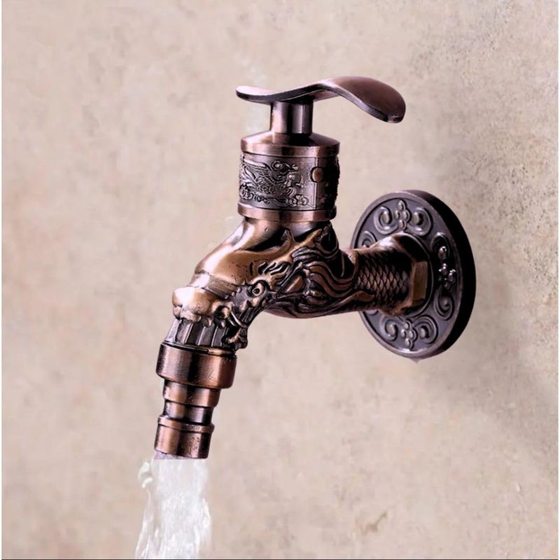 24x7 eMall Bib Cock Antique Design 4 inch wash Basin Faucet Bathroom Single Cold tap Carved Pattern Vintage Finish Wall Mount with Flange Garden Kitchen Outdoor - Image 4