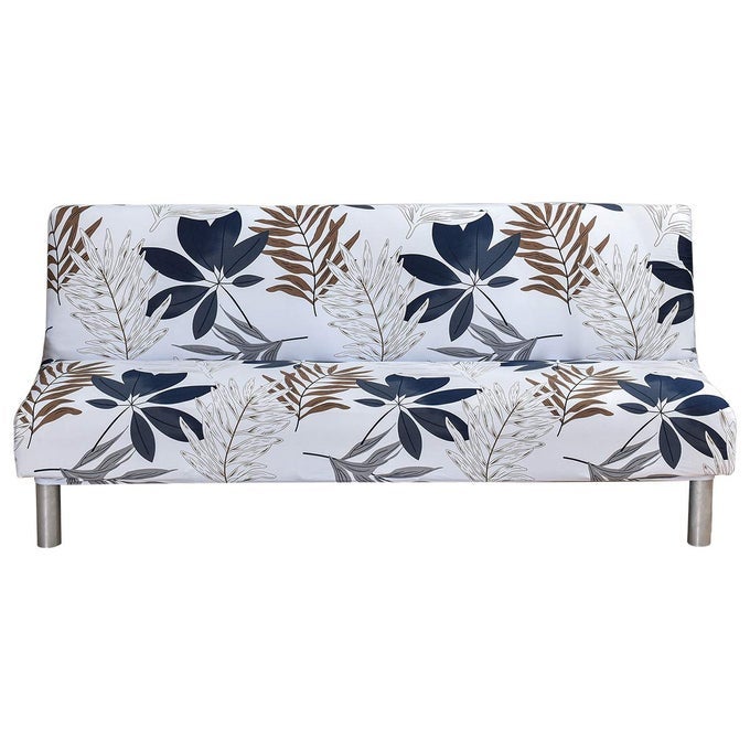 ARMLESS SOFA COVER FUTON SLIPCOVER STRETCH ELASTIC POLYESTER FOLDING SOFA BED NONARMREST COUCH FURNITURE PROTECTOR SPANDEX PRINTED WASHABLE SOFA COVER WITHOUT ARMRESTS GREY BLUE LEAF
