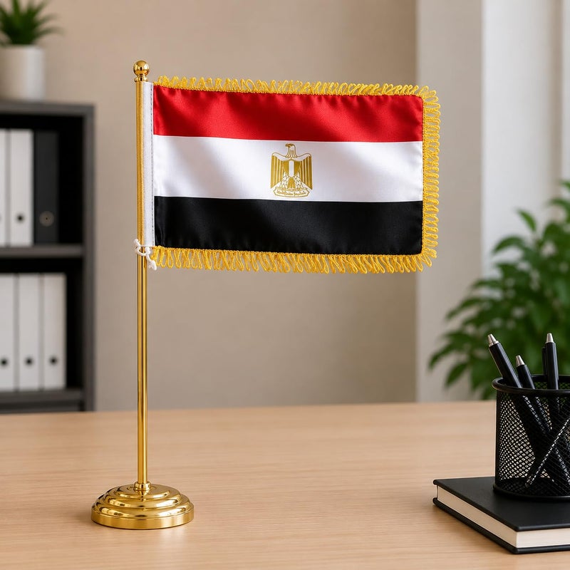 High quality Egypt Desktop Table Flag Gold Felt 18 x 29 cm With 40 cm Metal Pole And Weighted Base Premium National Desk Banner Decorative Office Home Conference Display (GOLD) - Image 2