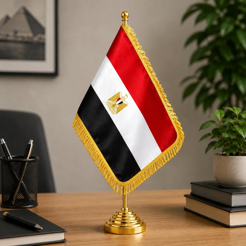 High quality Egypt Desktop Table Flag Gold Felt 18 x 29 cm With 40 cm Metal Pole And Weighted Base Premium National Desk Banner Decorative Office Home Conference Display (GOLD) - Image 1