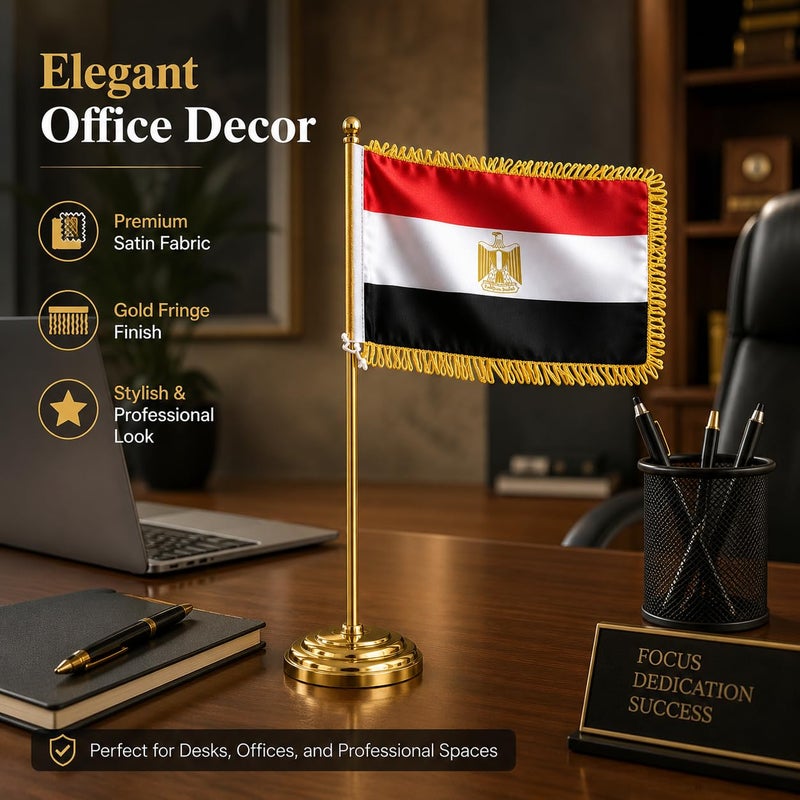 High quality Egypt Desktop Table Flag Gold Felt 18 x 29 cm With 40 cm Metal Pole And Weighted Base Premium National Desk Banner Decorative Office Home Conference Display (GOLD) - Image 3