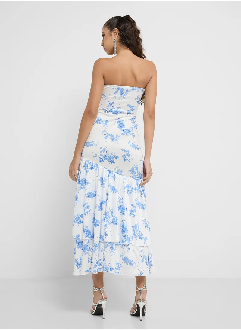 جينجر Bandeau Assymetric Floral Dress With  Frills