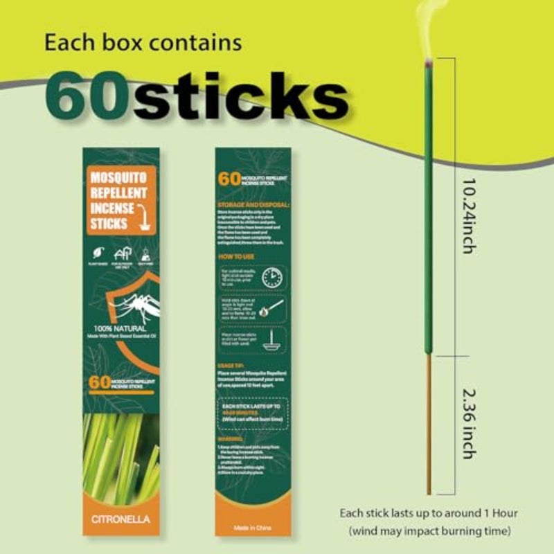 60pcs Mosquito Repellent Citronella Incense Sticks with Holder, Natural Plant Ingredients Citronella Oil Lemongras Rosemary Oil, DEET Free Repellent Outdoor Citronella Incicks - Image 2