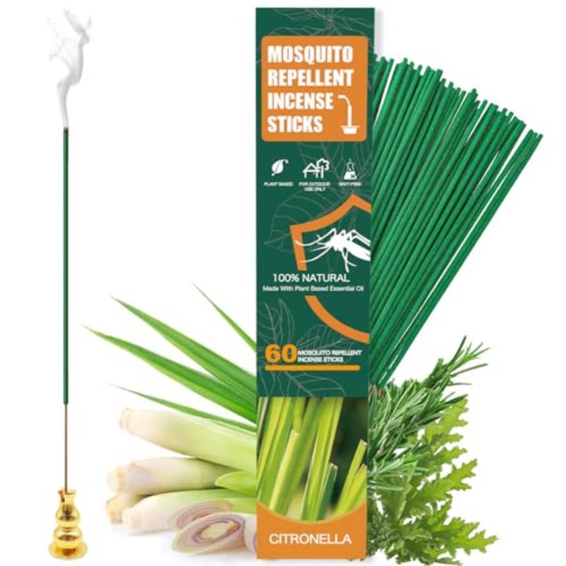 60pcs Mosquito Repellent Citronella Incense Sticks with Holder, Natural Plant Ingredients Citronella Oil Lemongras Rosemary Oil, DEET Free Repellent Outdoor Citronella Incicks - Image 1