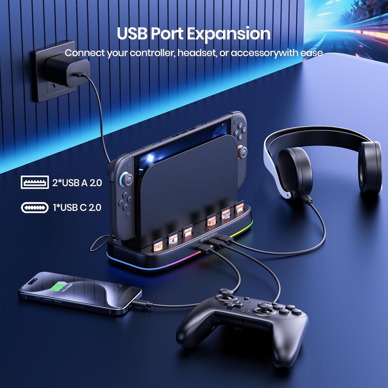 نيودري مروحة تبريد NEWDERY لقاعدة Nintendo Switch 2 بمروحتين مزدوجتين، 3 سرعات قابلة للتعديل، أوضاع إضاءة RGB، 6 فتحات لبطاقات الألعاب و3 منافذ USB، قاعدة تبديد الحرارة لوحدة التحكم Switch 2 - Image 5