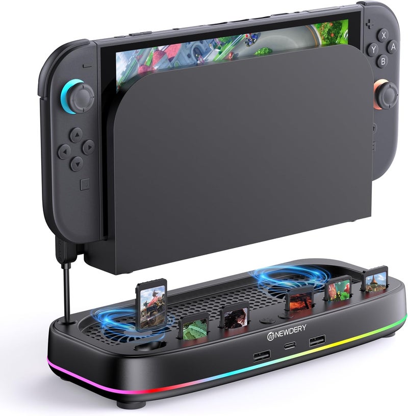 نيودري مروحة تبريد NEWDERY لقاعدة Nintendo Switch 2 بمروحتين مزدوجتين، 3 سرعات قابلة للتعديل، أوضاع إضاءة RGB، 6 فتحات لبطاقات الألعاب و3 منافذ USB، قاعدة تبديد الحرارة لوحدة التحكم Switch 2 - Image 1