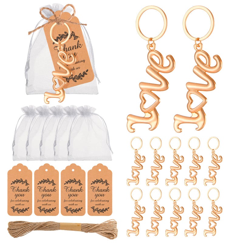 Winocbxt 50Pieces Love Bottle Openers with KeychainKeyrings and Thank You Tags Great Gifts for Wedding or Bridal Shower Favors Souvenirs to Guests Gold - Image 2