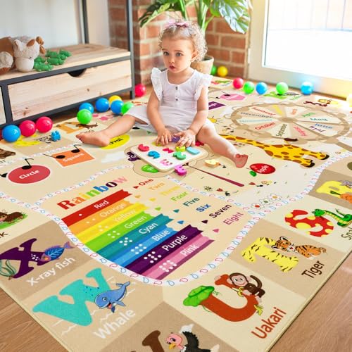 B BENRON 7x10 Playroom Rugs for Kids Washable, Educational and Fun Playmat with ABC Alphabet Animals Shapes Colors, Non-Slip Play Mat Learning Rug for Baby Toddler Children Game Activity，Beige, Pink - Image 3