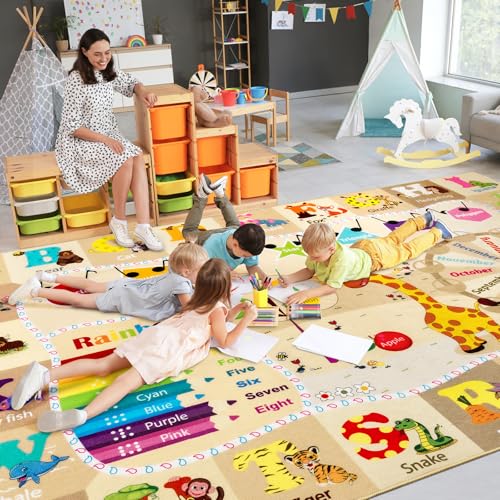 B BENRON 7x10 Playroom Rugs for Kids Washable, Educational and Fun Playmat with ABC Alphabet Animals Shapes Colors, Non-Slip Play Mat Learning Rug for Baby Toddler Children Game Activity，Beige, Pink - Image 1