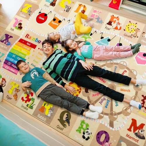 B BENRON 7x10 Playroom Rugs for Kids Washable, Educational and Fun Playmat with ABC Alphabet Animals Shapes Colors, Non-Slip Play Mat Learning Rug for Baby Toddler Children Game Activity，Beige, Pink - Image 2