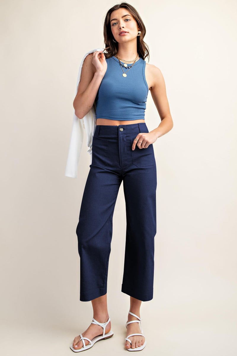 miduo Womens Pants Casual Plus Size High Waisted Cropped Wide Leg Straight Leg Pants Trousers with Pockets Navy 32 - Image 3