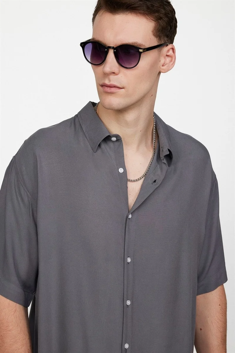 Tudors Relax Fit Short Sleeve Plain Viscose Men's Gray Shirt