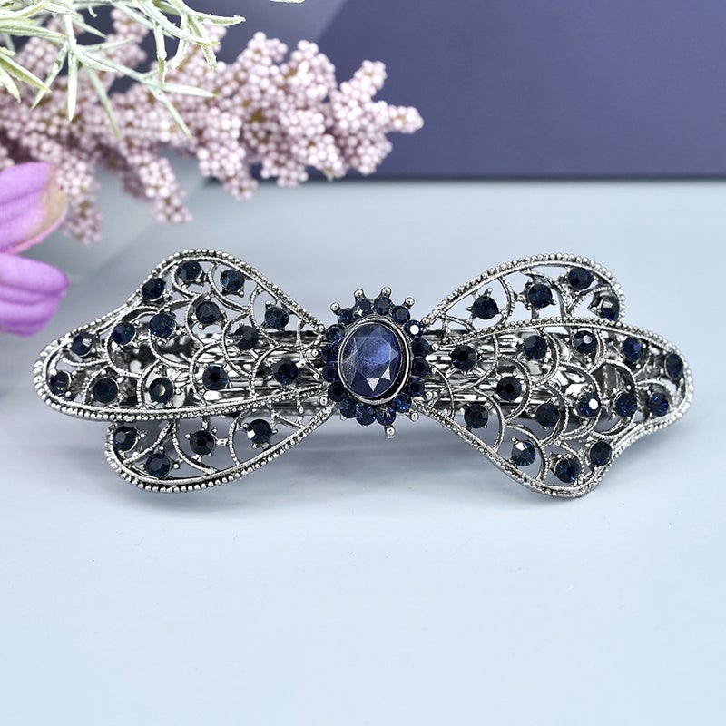 Generic Vintage Rhinestone Hair Clip Black Floral Blue Dragon