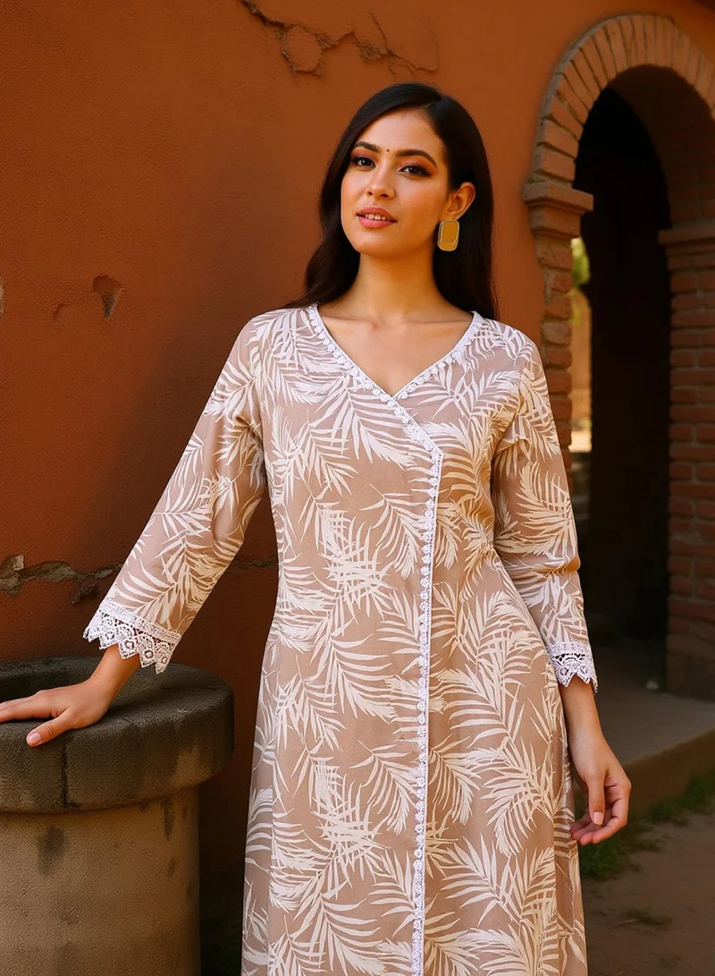 QISSA Qissa Women's Saltbox Beige Soft Fern Kurta With Trousers For Ethnic Wear | V-Neck, Long Regular Sleeves | Floral Print Plain Fabric | 2 Piece Kurta Set Designed For Casual & Daily Wear