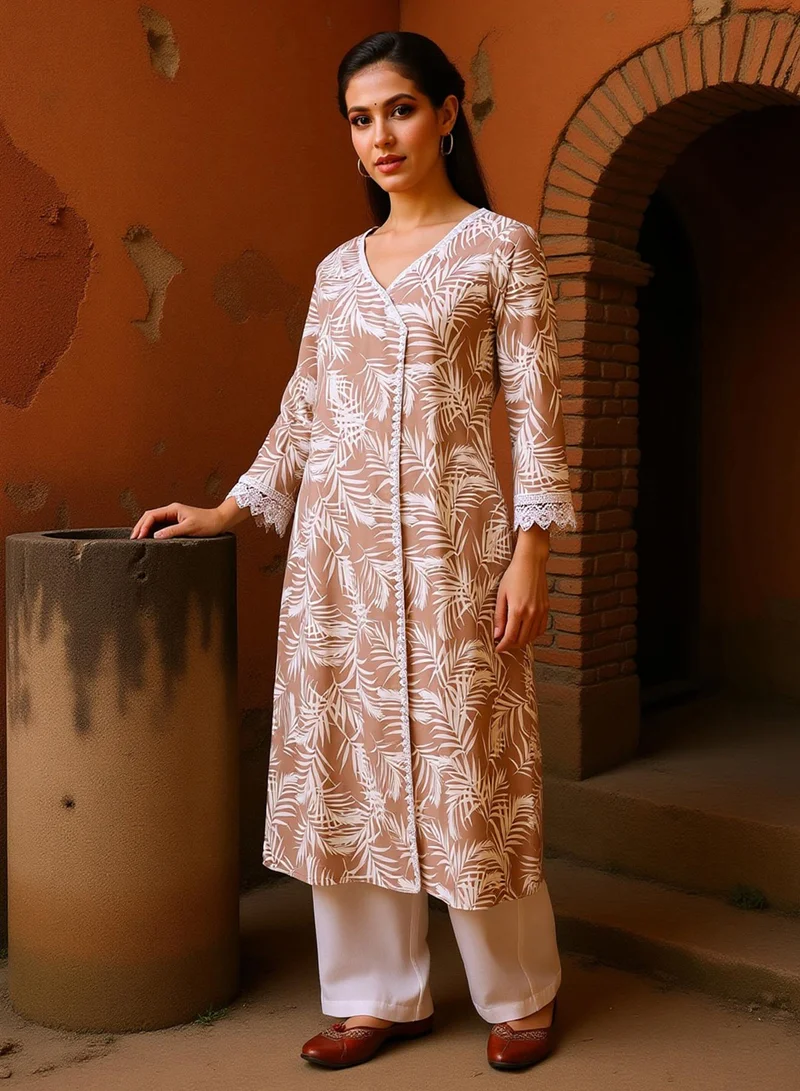 QISSA Qissa Women's Saltbox Beige Soft Fern Kurta With Trousers For Ethnic Wear | V-Neck, Long Regular Sleeves | Floral Print Plain Fabric | 2 Piece Kurta Set Designed For Casual & Daily Wear