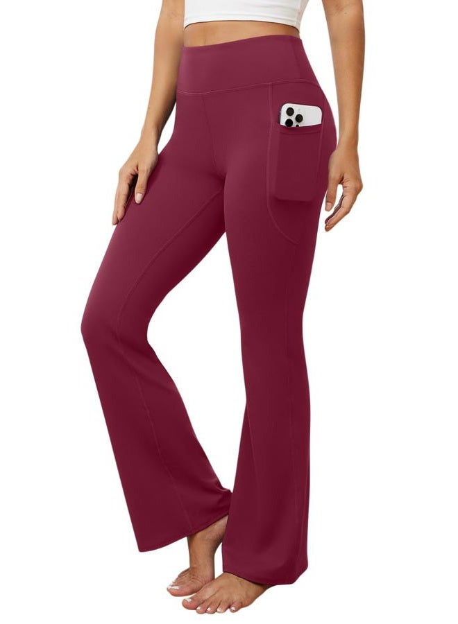 DLOODA Womens Flare Yoga Pants with Pockets High Waist Tummy Control Flared Leggings Bell Bottom Gym Workout Leggings, Burgundy, L - Image 2