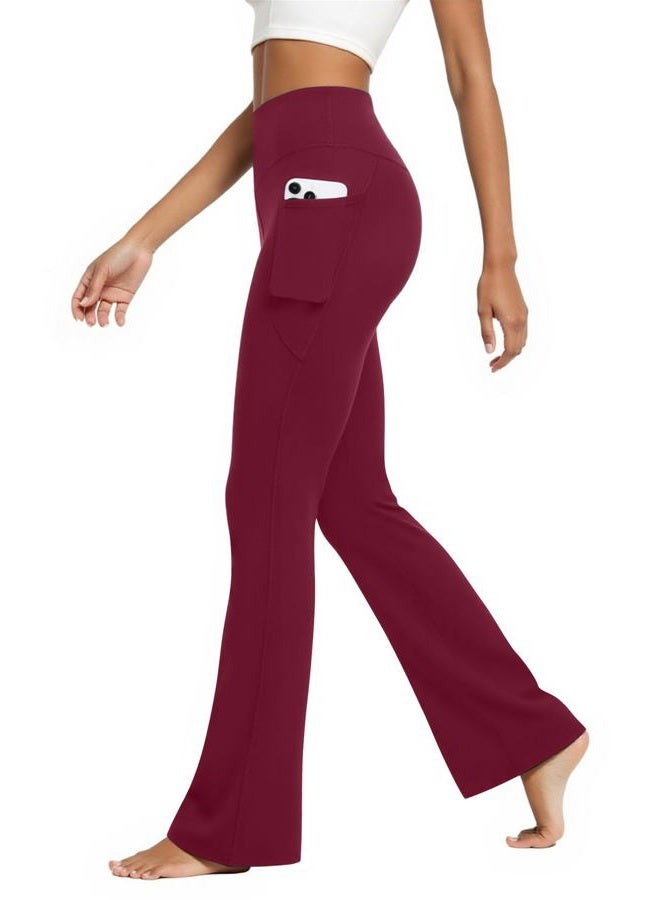 DLOODA Womens Flare Yoga Pants with Pockets High Waist Tummy Control Flared Leggings Bell Bottom Gym Workout Leggings, Burgundy, L - Image 1