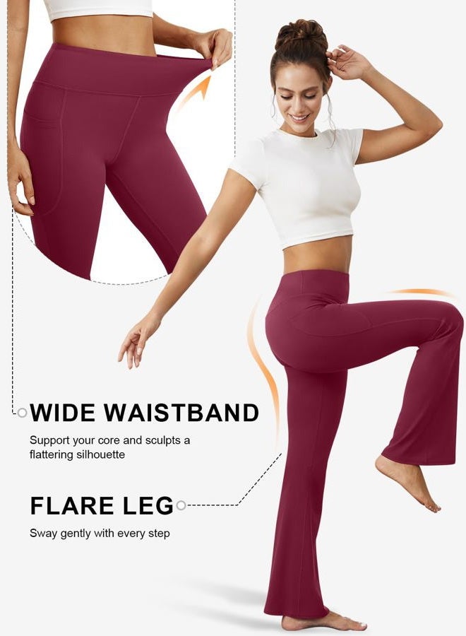 DLOODA Womens Flare Yoga Pants with Pockets High Waist Tummy Control Flared Leggings Bell Bottom Gym Workout Leggings, Burgundy, L - Image 4